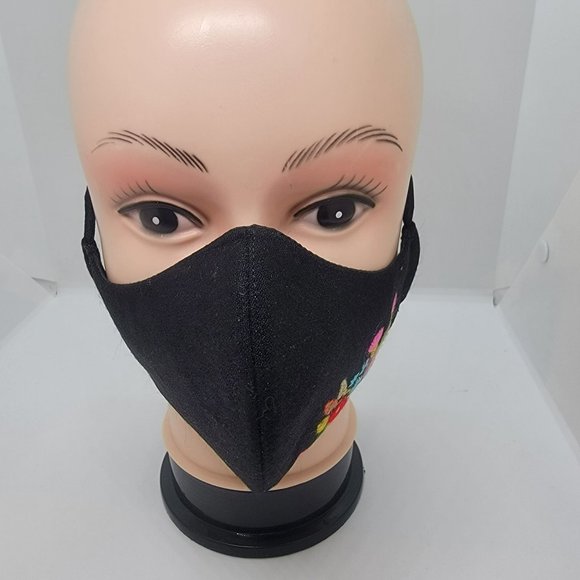 New Cover Face ear loop Women's Black Multi Mask Embroidered handmade flower rin - Picture 2 of 6